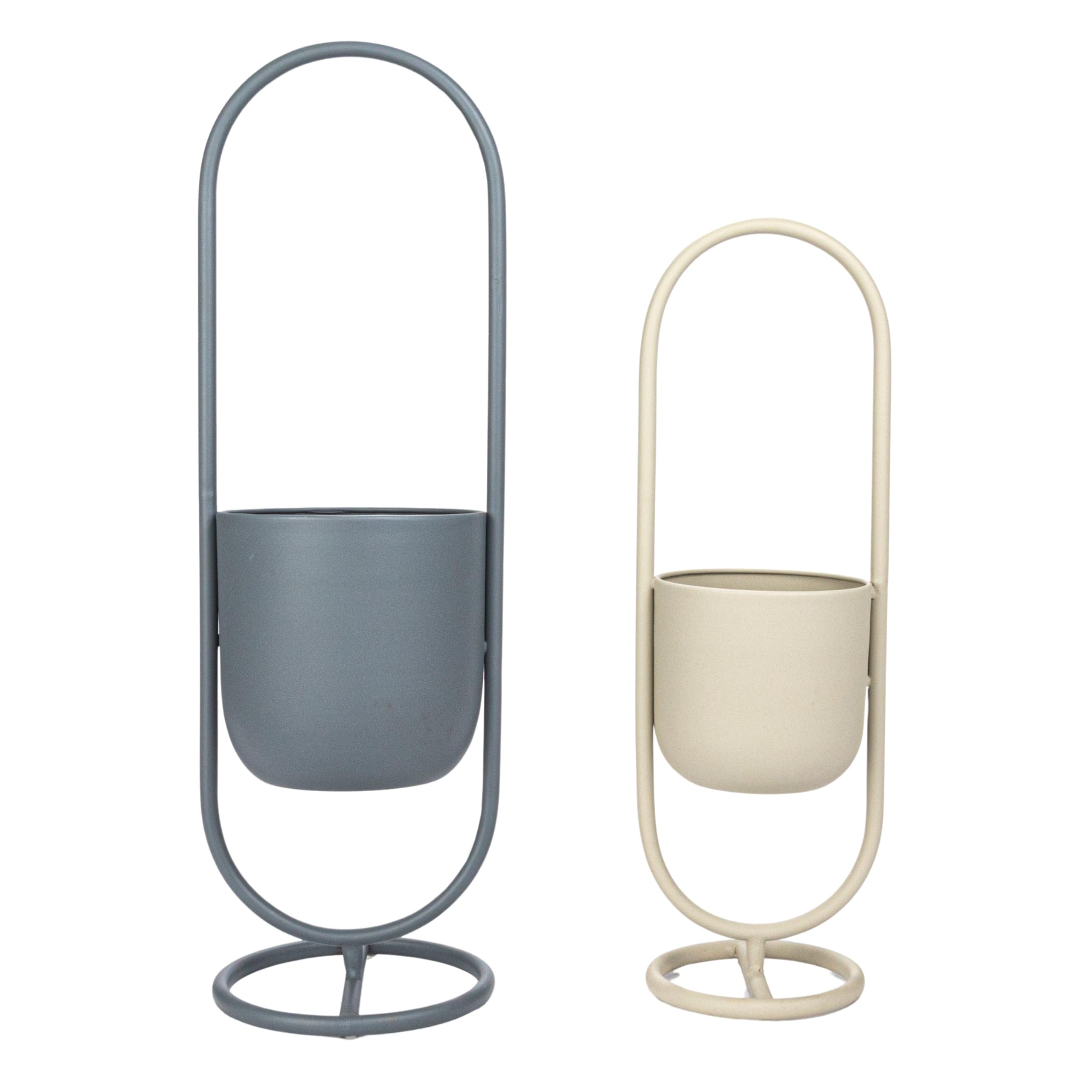 Bloomingville Metal Floor Planters Hanging on Stands, Matte Grey and Sand Color, Set of 2 - Image 7