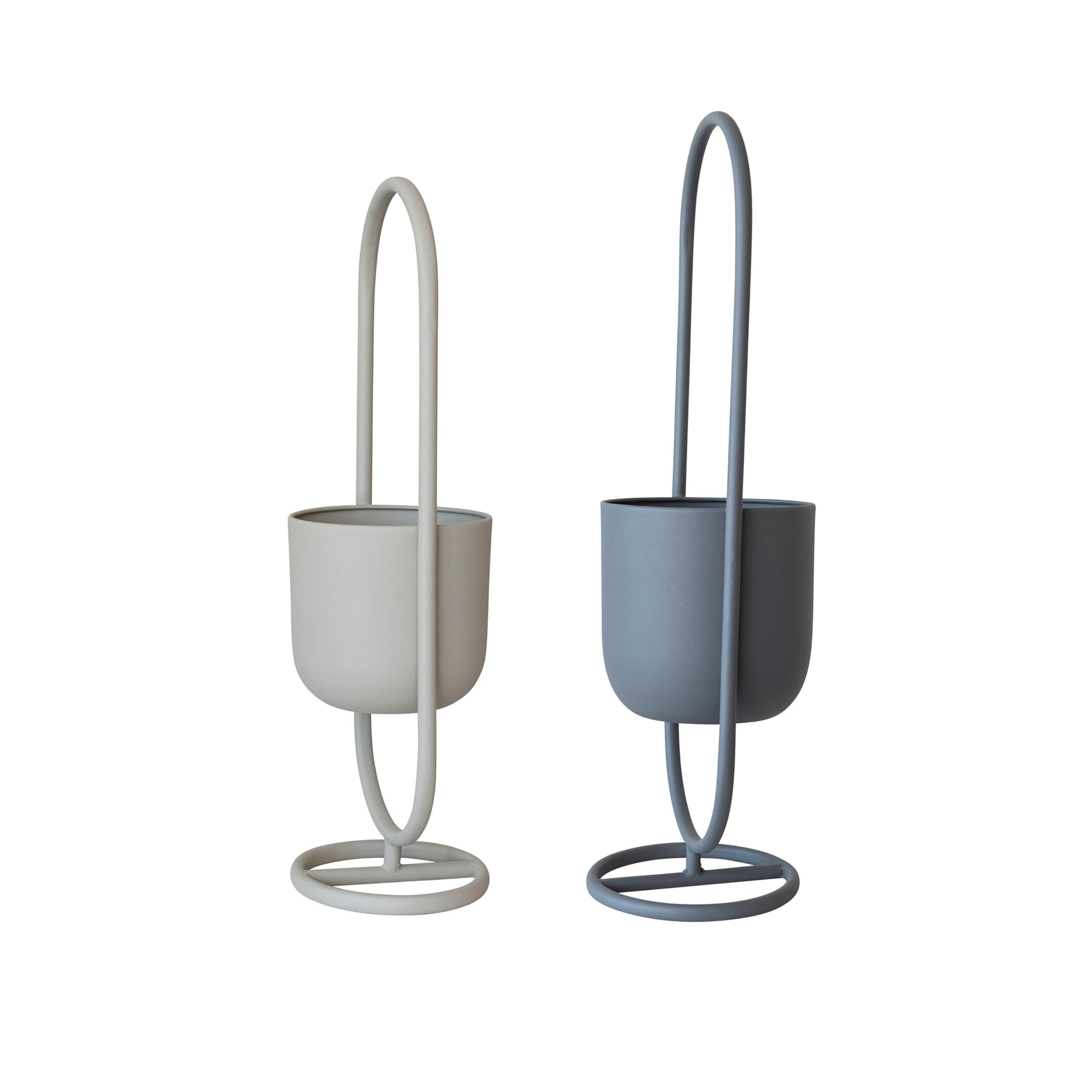 Bloomingville Metal Floor Planters Hanging on Stands, Matte Grey and Sand Color, Set of 2 - Image 8